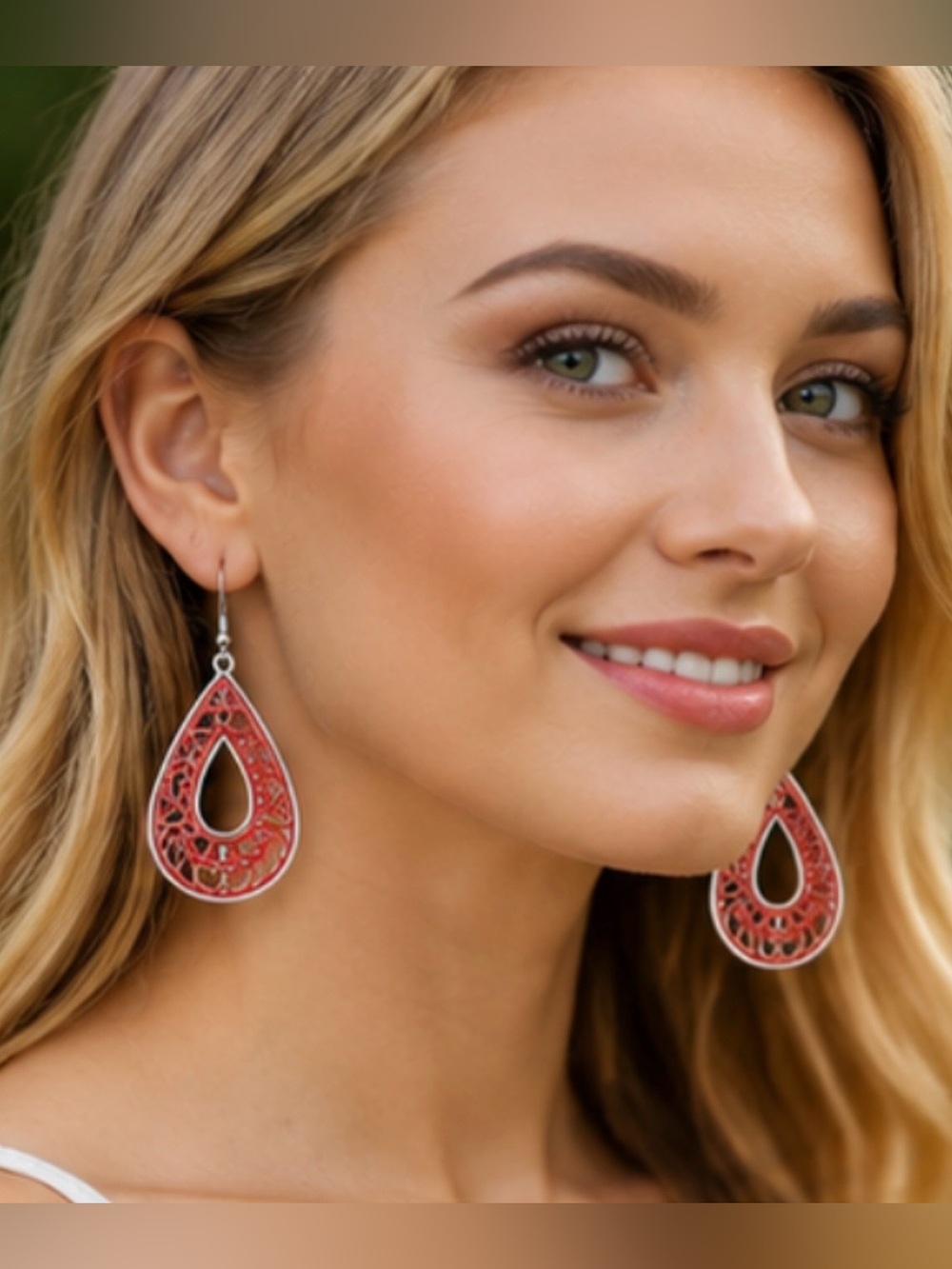 Red Filigree Teardrop Statement Earrings - Silver Tone | Boho Dangle Earrings
